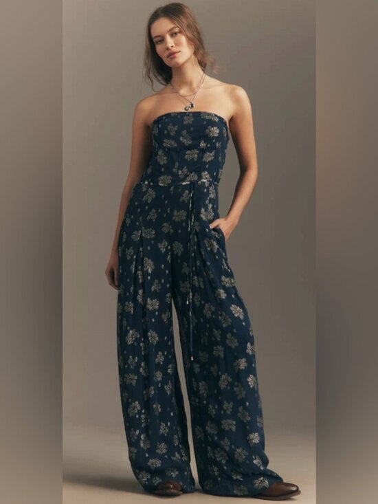 Anthropologie Pants - NWT Anthropologie Strapless Shine Wide-Leg Jumpsuit Navy Gold Floral Size 16